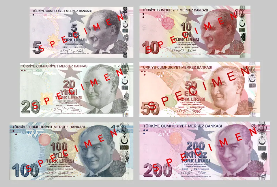 Türkiye Cumhuriyet Merkez Bankası’nın 5, 10, 20, 50, 100 ve 200 TL banknotlarının örnek (specimen) baskıları